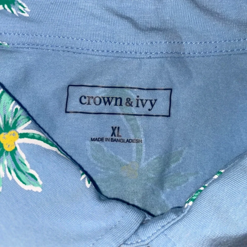 Crown & Ivy Mens XL Blue Palm Tree Print Short Sleeve Polo Shirt Chest Pocket